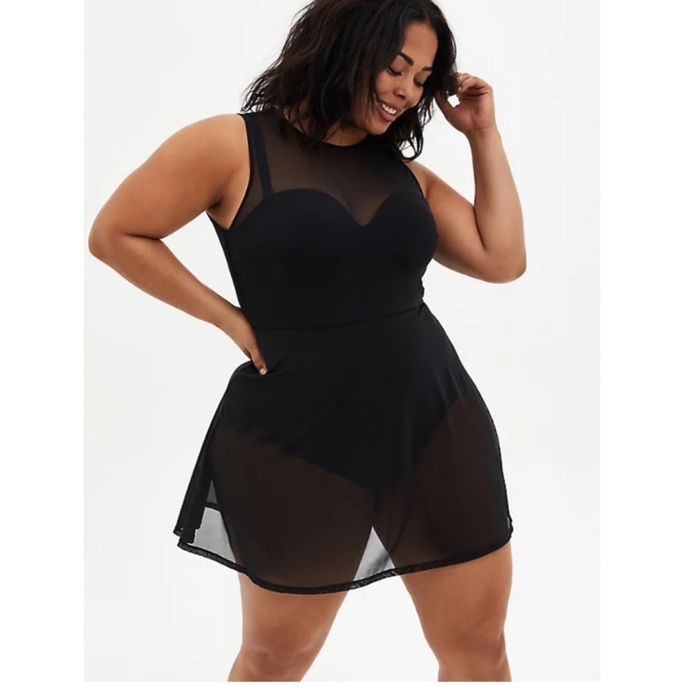 NWT TORRID D/DD CUP - UNDERWIRE ONE-PIECE PEPLUM LONG SWIM DRESS - MESH …